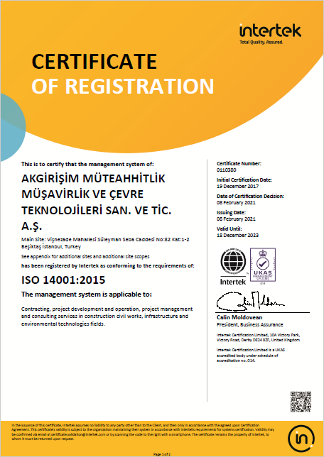 Akgirişim ISO 14001:2015 Sertifikası / 01100380